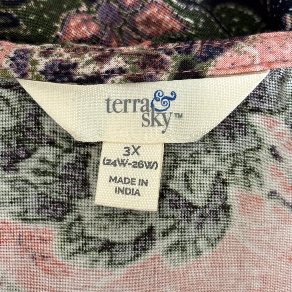 Work Casual Floral Button Front Blouse Cotton Blend 3X Side Slits Ruffle V-Neck‎ - Picture 2 of 10